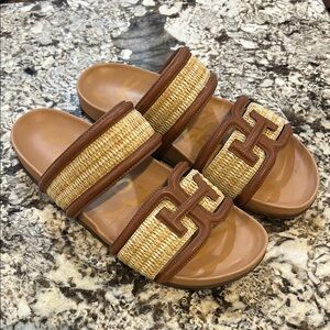 Brown and Tan Women's Slide Sandals